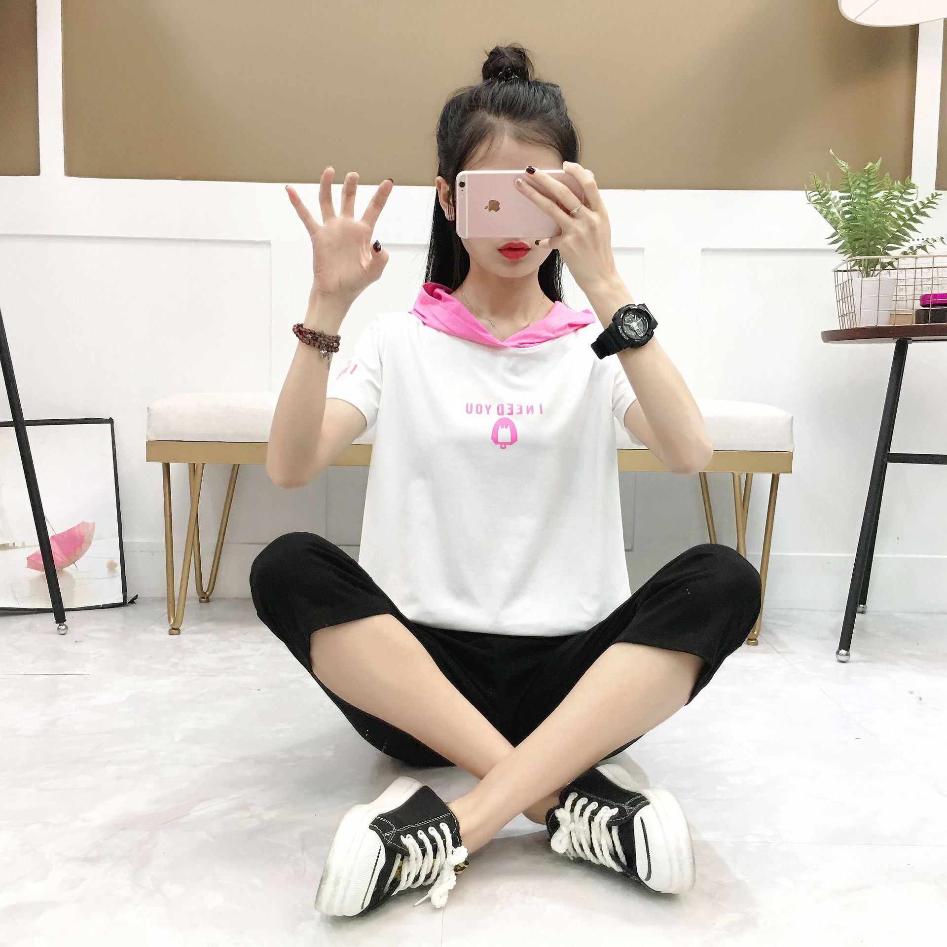 2019夏季新款运动休闲套装女式运动两件套 宽松t恤女学生装