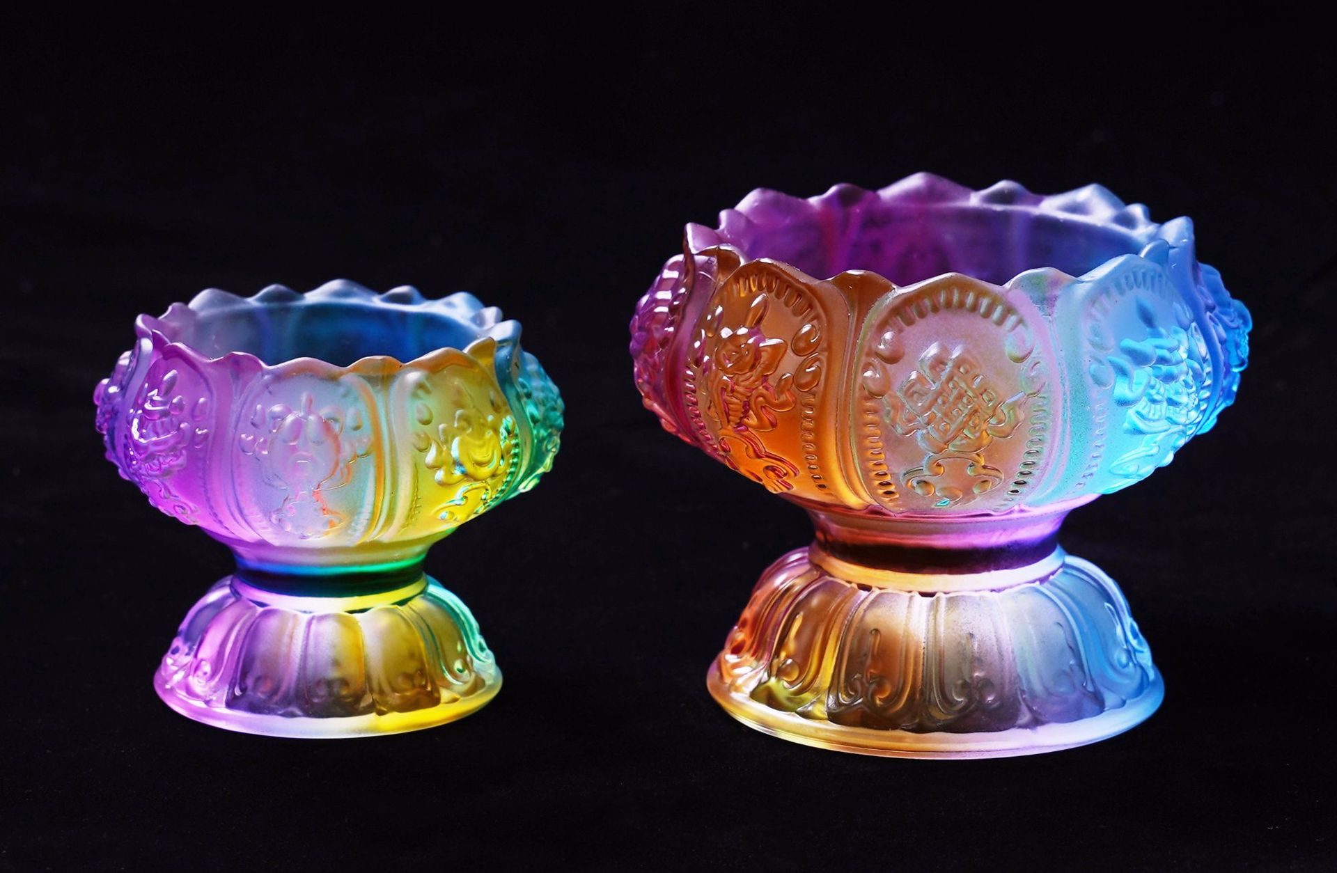 佛具七彩琉璃八吉祥酥油灯座 佛教用品供佛灯水晶烛台摆件批发