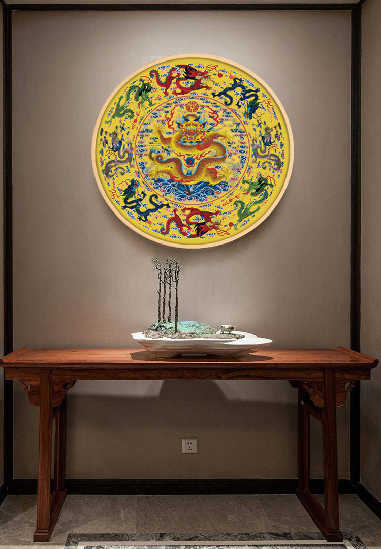 新中式圆形装饰画九龙图挂画风水中国风迎门玄关客厅过道墙装饰画