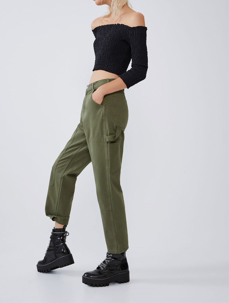 欧美单水洗绿色秋季高腰新款 女装 纯色口袋装饰休闲工装裤