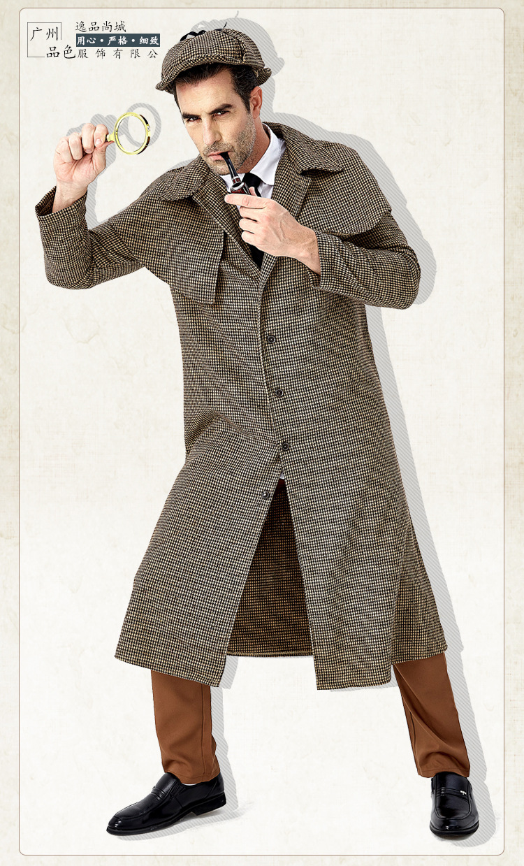 万圣节狂欢 电影角色大侦探夏洛克福尔摩斯扮演 英伦格子高领外套