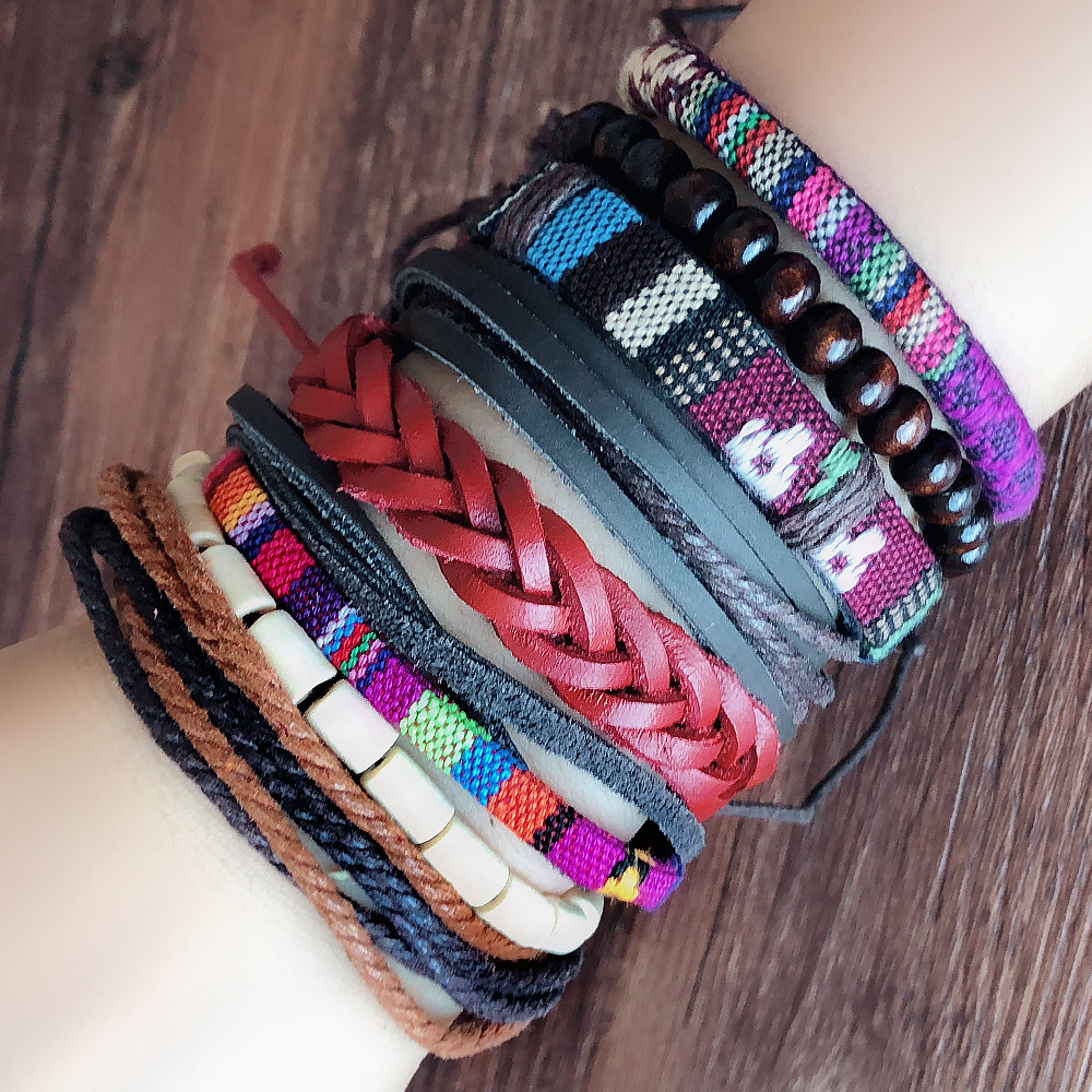 欧美原创手工编织手链波西米亚彩色民族风多层布条皮绳情侣款手串