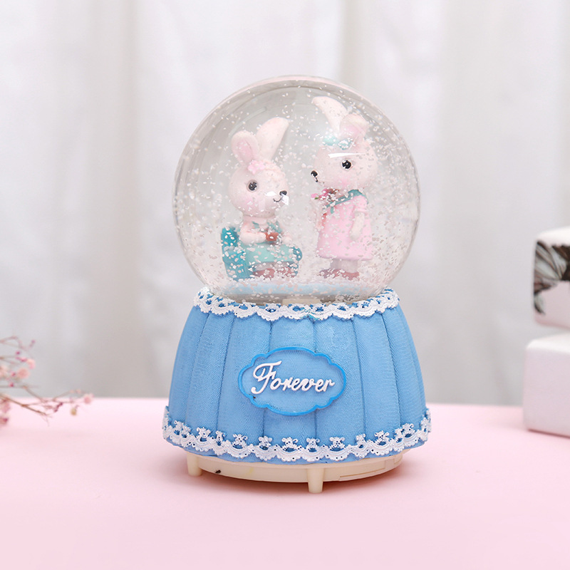 闺房摆件9-12岁送同学女儿礼物 飘雪小夜灯双兔水晶球卡哇伊玩具
