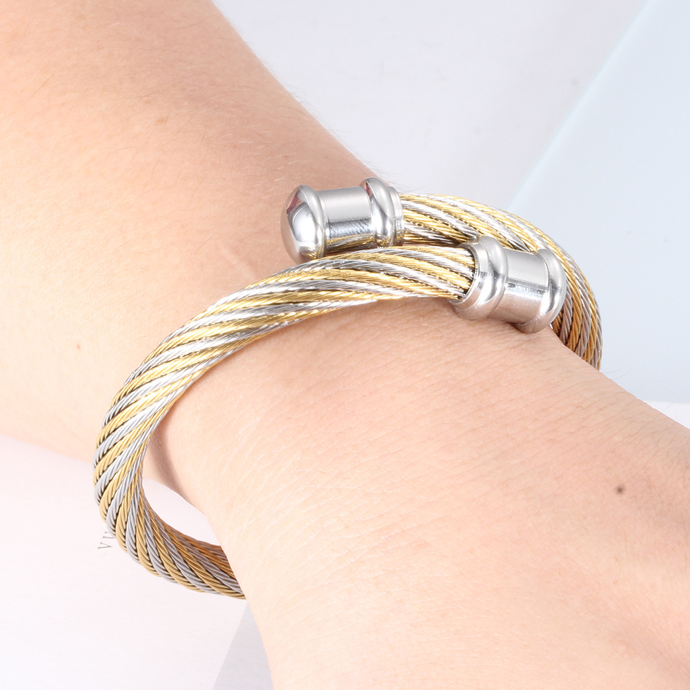 工厂直销欧美潮流钢丝手镯彩色镀金手链简约个性不锈钢手镯