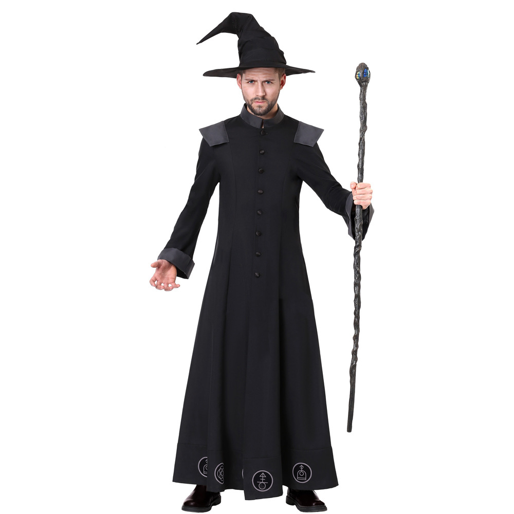 万圣节男款黑色经典魔法师巫师预言家服装恶魔派对cos舞台演出服