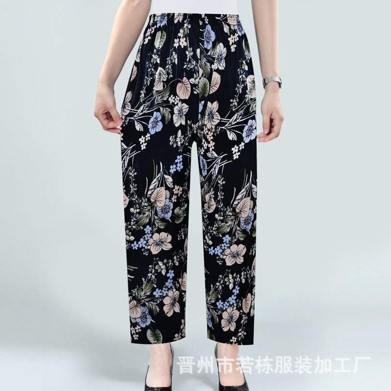 Summer Factory Direct Sales Cool Ice Silk Women's Pants Ice Silk Women's Flower Pants Cropped Flower Pants Middle-Aged and Elderly Casual Pants