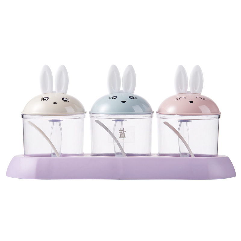 Cute Rabbit Condiment Dispenser Kitchen Pp Seasoning Storage Three Or Four Grid Flip with Spoon Seasoning Containers 0652