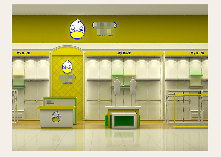 麦小鸭童装万民鸦岗店 童装专卖店展示柜 儿童服装店木制展示柜