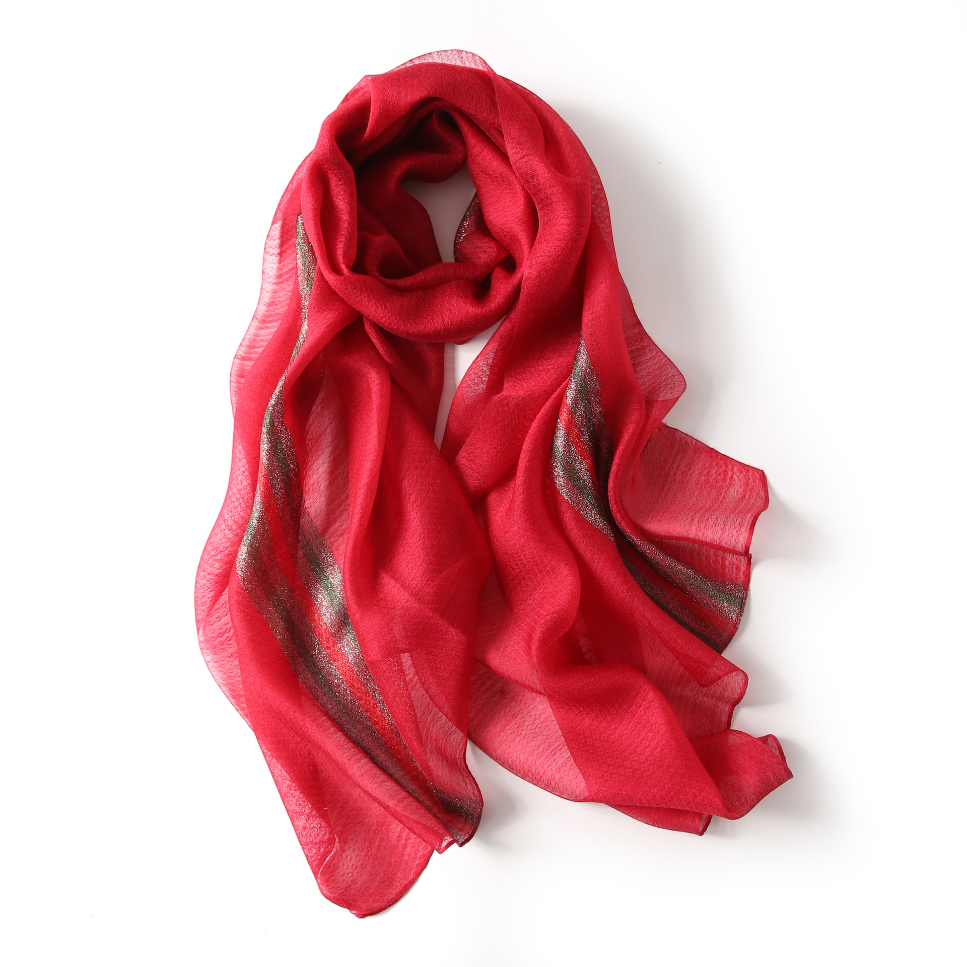 欧美时尚围巾女冬季韩版百搭春秋真丝丝巾彩条出行长款披肩女士