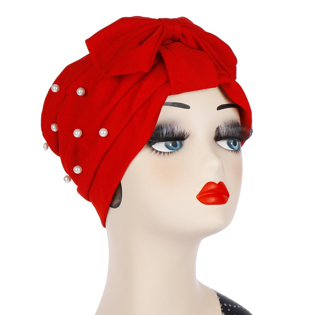 春夏欧美外贸印度头巾帽 包头帽 钉珠蝴蝶结穆斯林纯色帽子现货