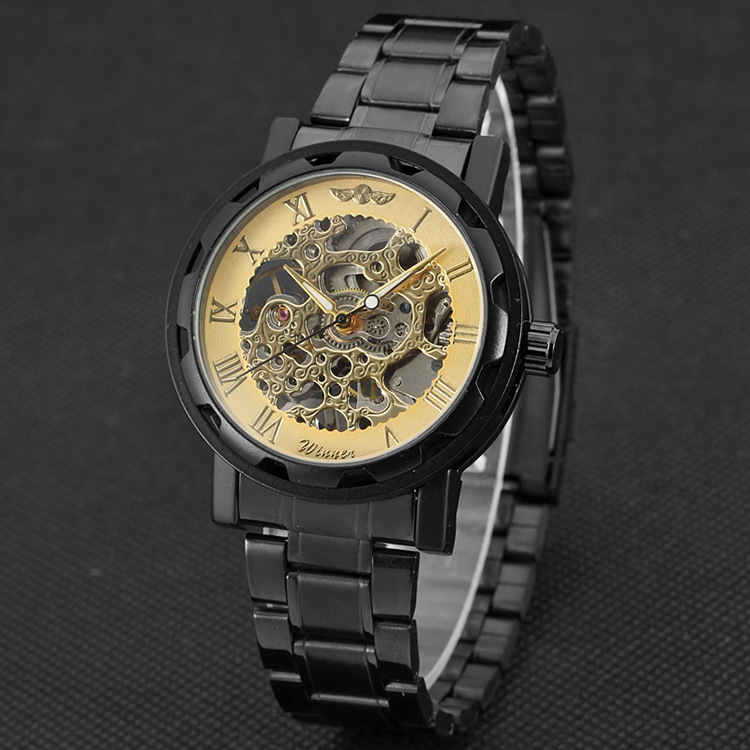 镂空齿轮手动机械手表 精钢罗马刻度机械钢带手表 241