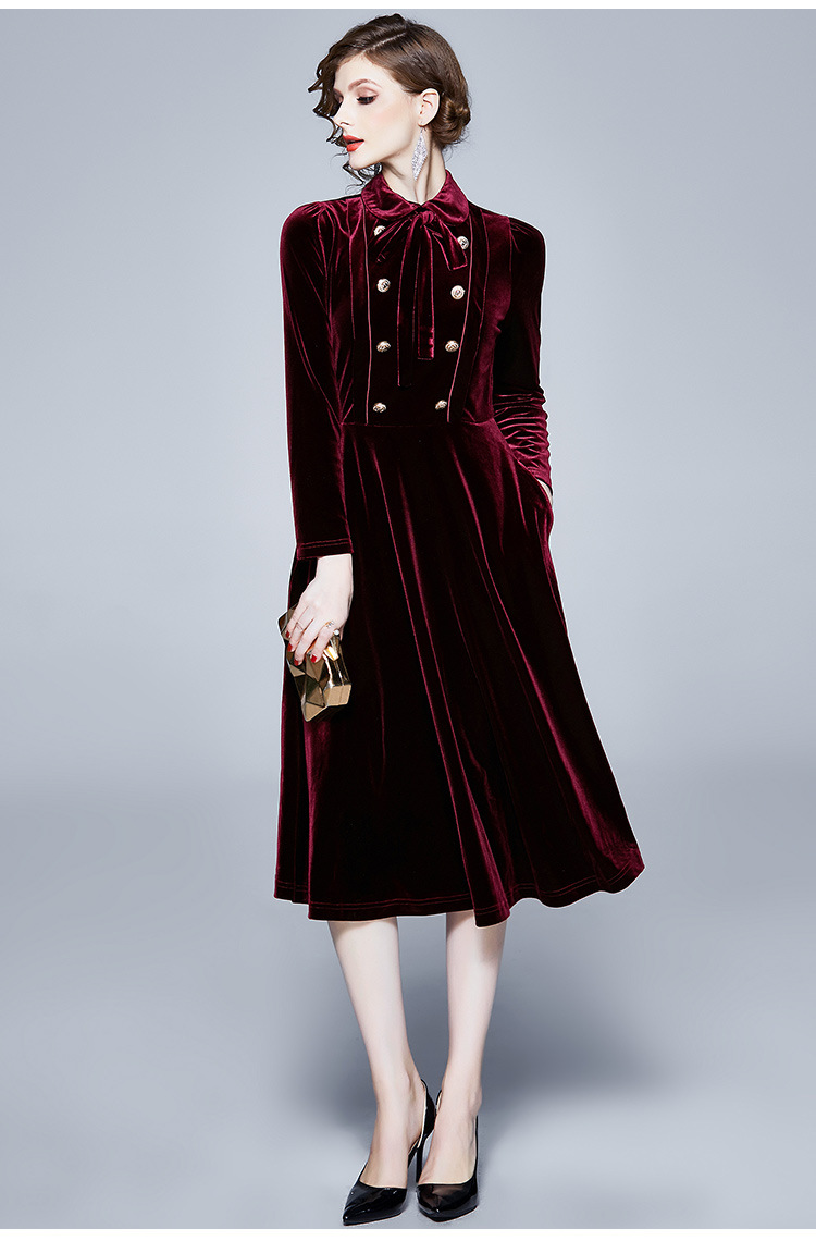 跨境礼服 春秋女装 娃娃领系带金丝绒大摆中长裙 长袖连衣裙名媛