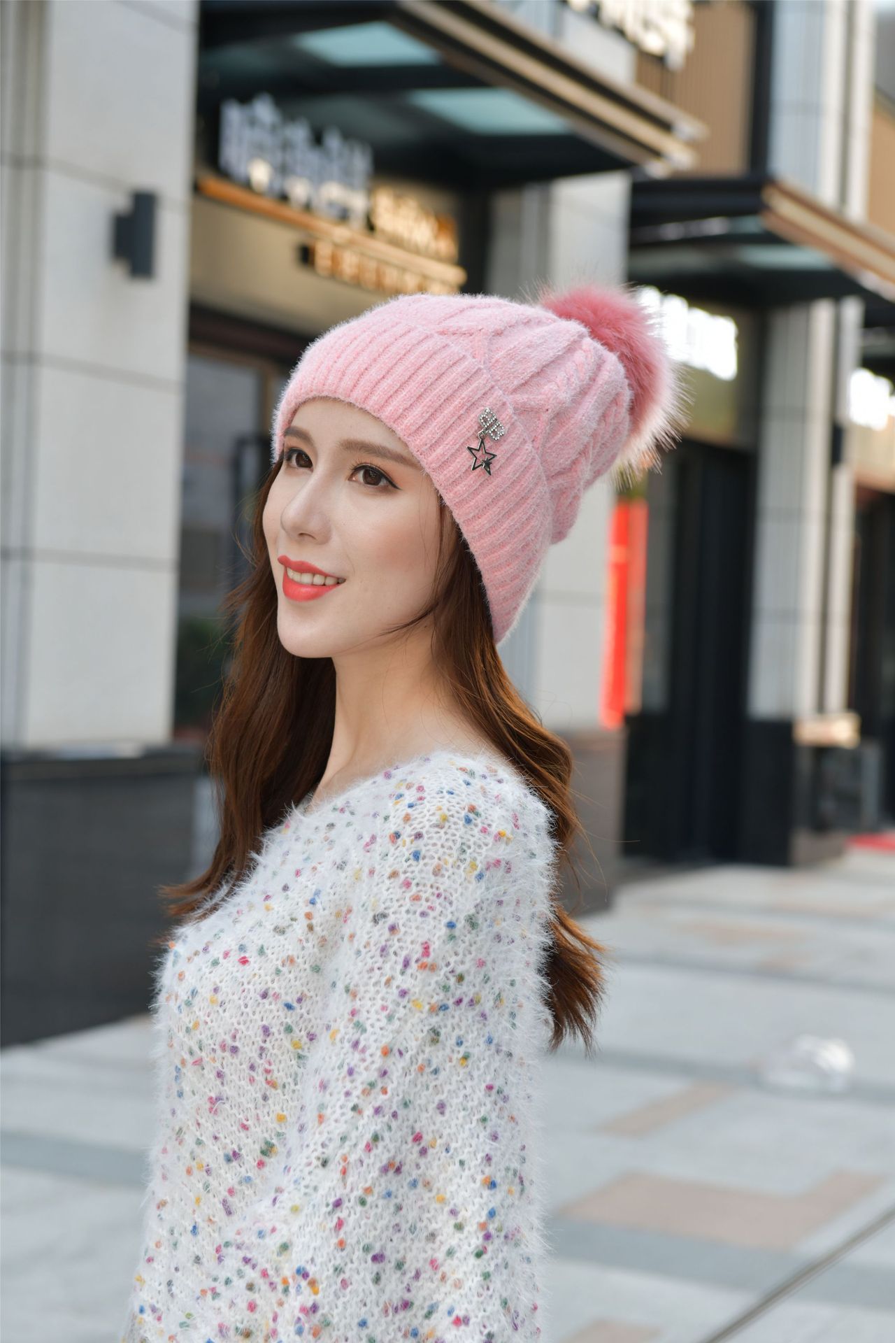 新品帽子金属挂件纯色8字麻花毛线帽女士秋冬雪尼尔加绒针织帽子