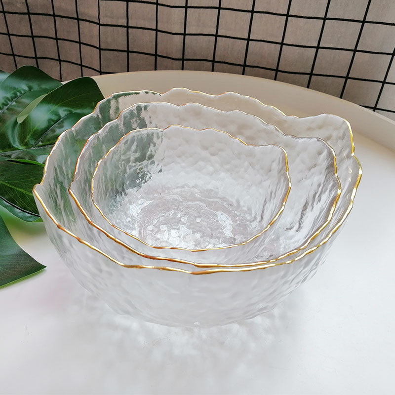 Nordic Style Hammered Pattern Golden Trim Irregular Transparent Glass Vegetable Salad Bowl Household Tableware Dessert Fruit Bowl Tea Basin