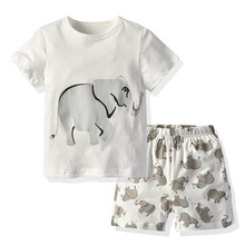 INS新款童装儿童夏季短袖套装欧美中小童白色大象家居服两件套