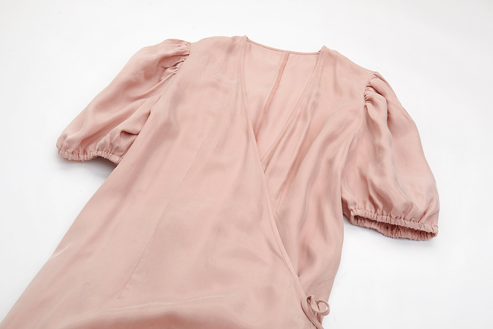 2019夏女装新款欧美豆粉色和服绑带泡泡袖短袖连衣裙凉爽舒适