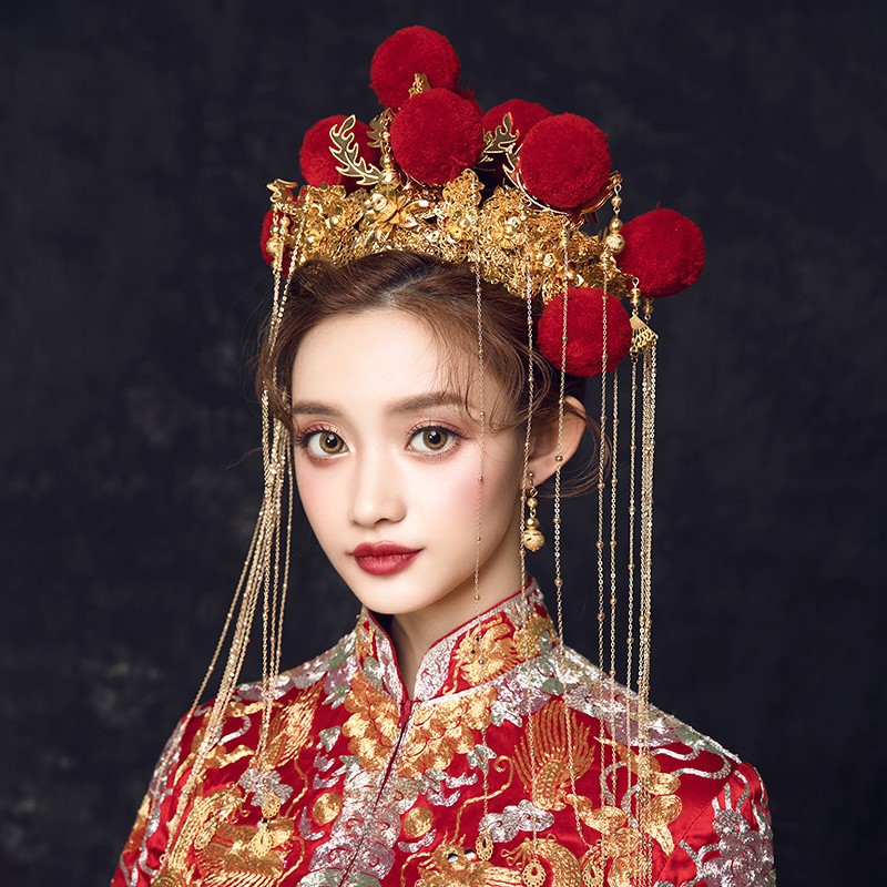 2019新娘金色大凤冠流苏古典宫廷古风凤冠红色绒球戏曲秀禾头饰品