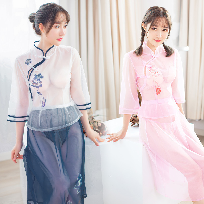 复古小清新印花民国服长裙开档三件套蓝粉紫三色可选情趣内衣