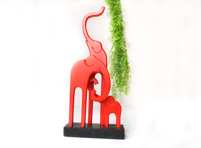 原木动物圆雕 木质彩绘大象 创意家居装饰桌面摆件红色三只象摆饰