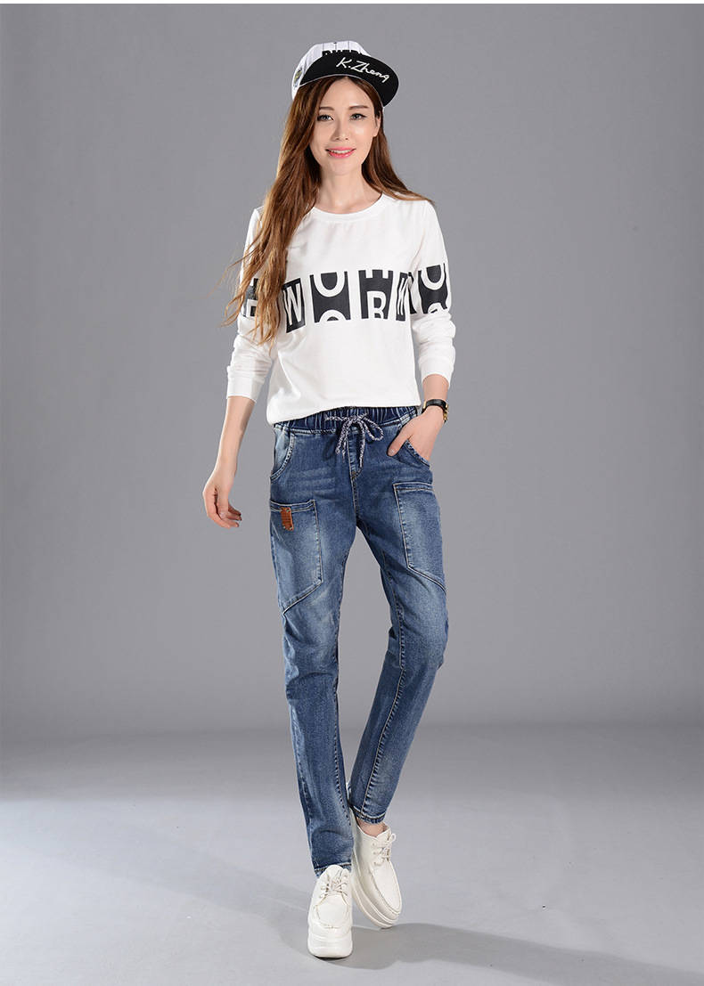 大口袋裤子女春多口袋牛仔裤女秋弹力小脚长裤宽松大码哈伦裤新款