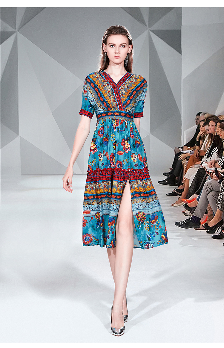 欧洲站气质波西米亚印花连衣裙2019夏季新款显瘦中长款