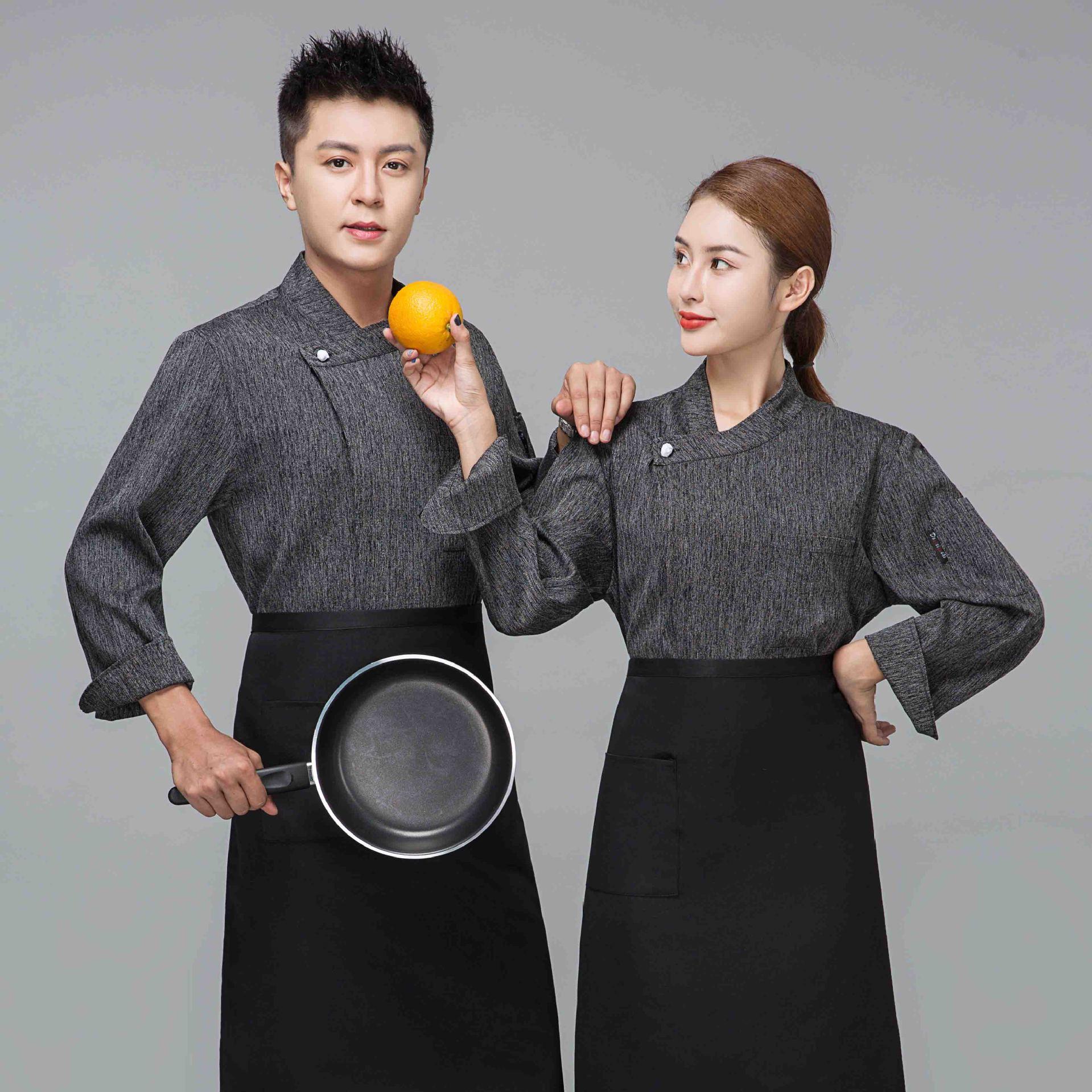 棉麻透气厨师工作服男餐饮饭店服务员厨房工衣厨师服长袖秋冬加厚