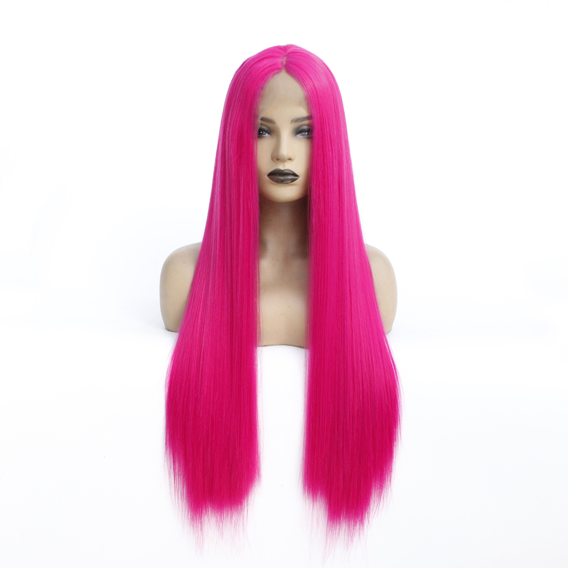 外贸假发 欧美玫红色中分长直发前蕾丝化纤头套