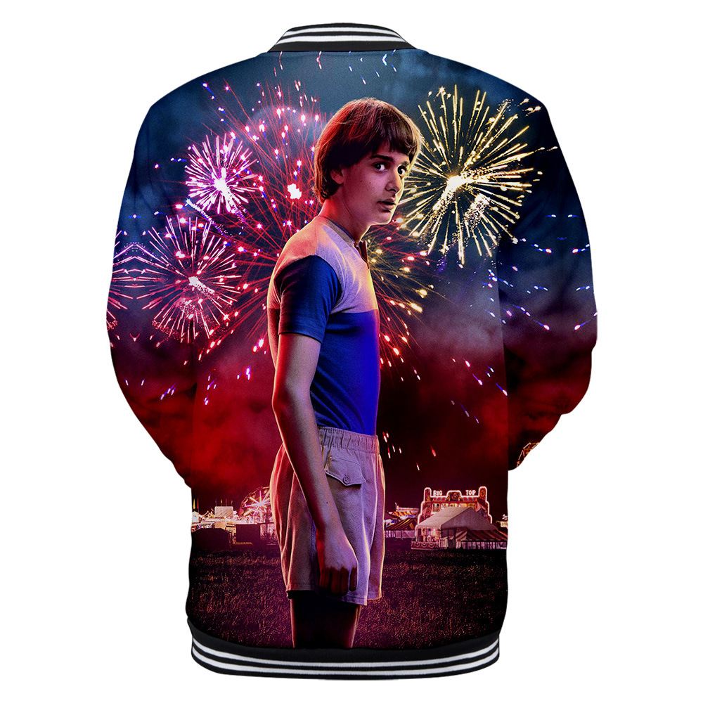 跨境亚马逊 怪奇物语3 无logo数码印花3d长袖加绒棒球服男女