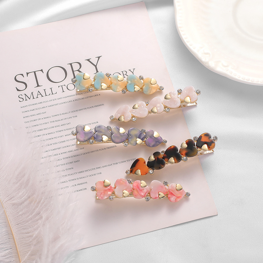 欧美热销新款爱心形头饰发饰品气质百搭女士发夹彩色水钻一字夹