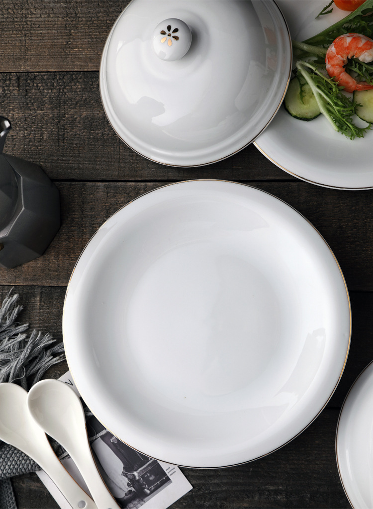 酒店用品餐厅金边陶瓷牛排盘子餐盘带盖海参鲍鱼捞饭盘定制餐具