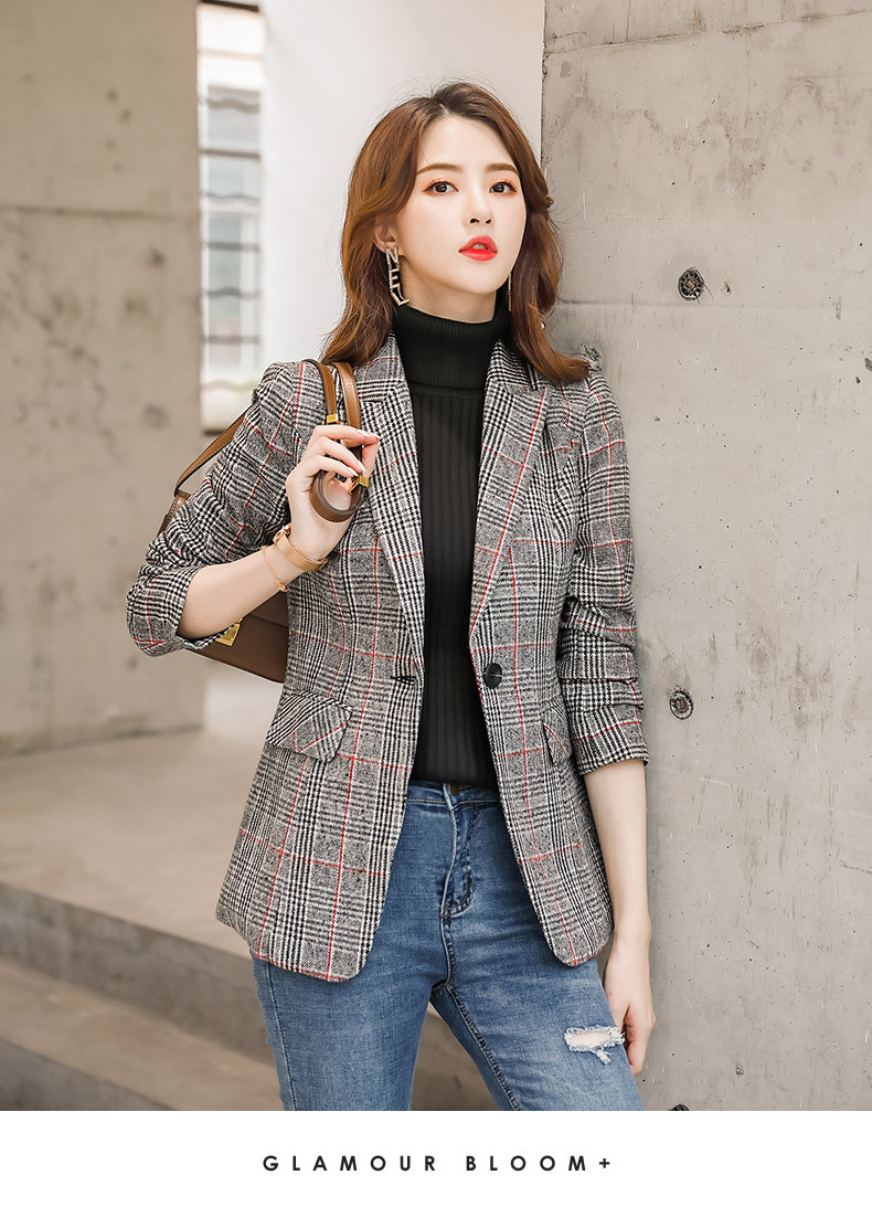 韩国复古格子小西装女外套韩版2019秋季新款气质休闲修身显瘦西服