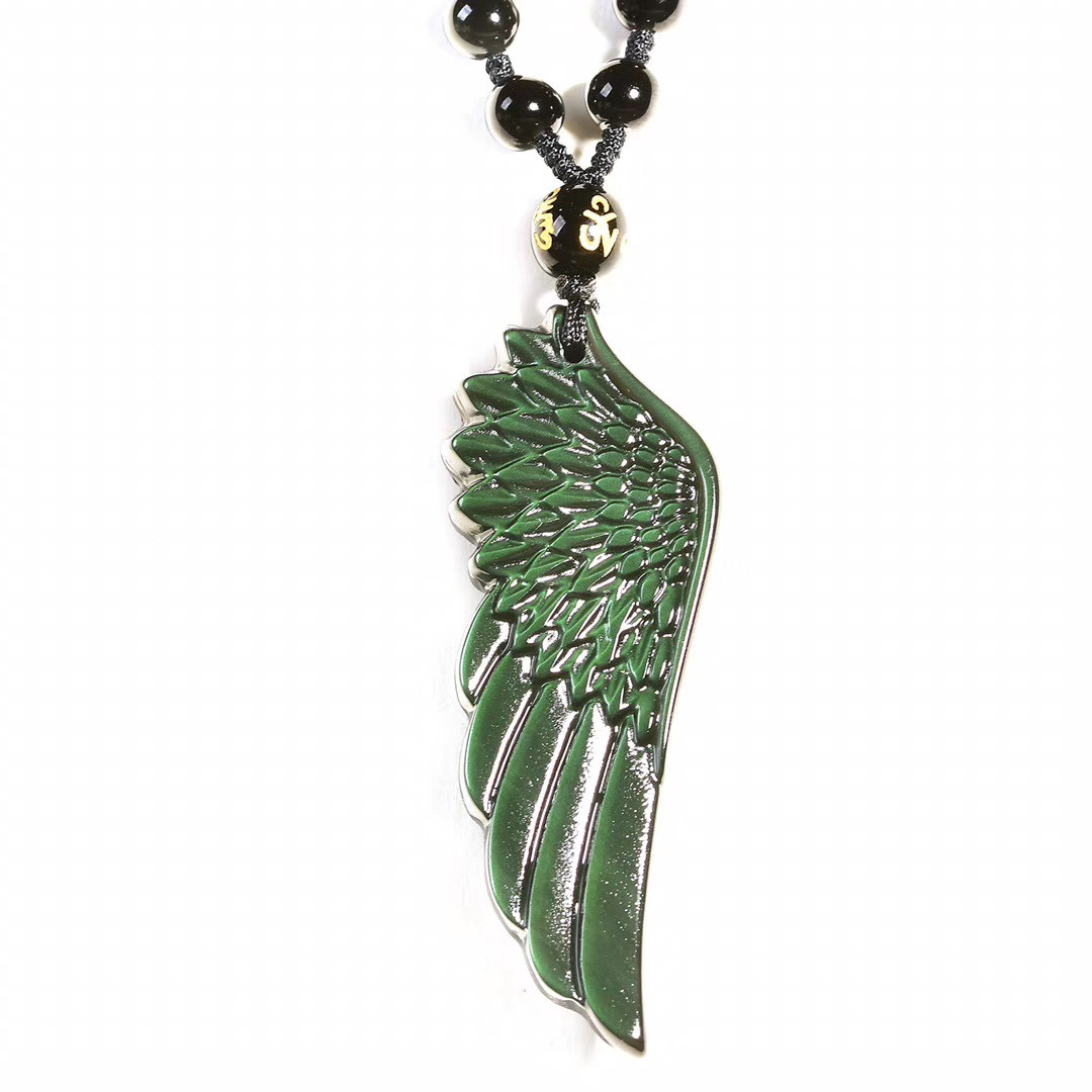 天然彩虹眼黑曜石金曜石天使之翼吊坠男女款天使翅膀项链饰品