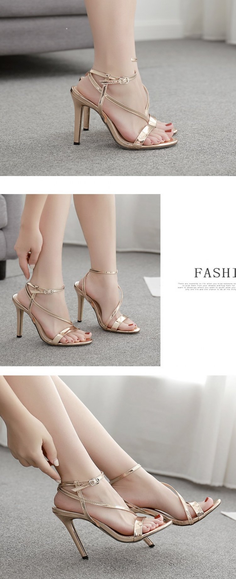 lazada women sandals 欧美外贸款一字带性感香槟色细高跟凉鞋女