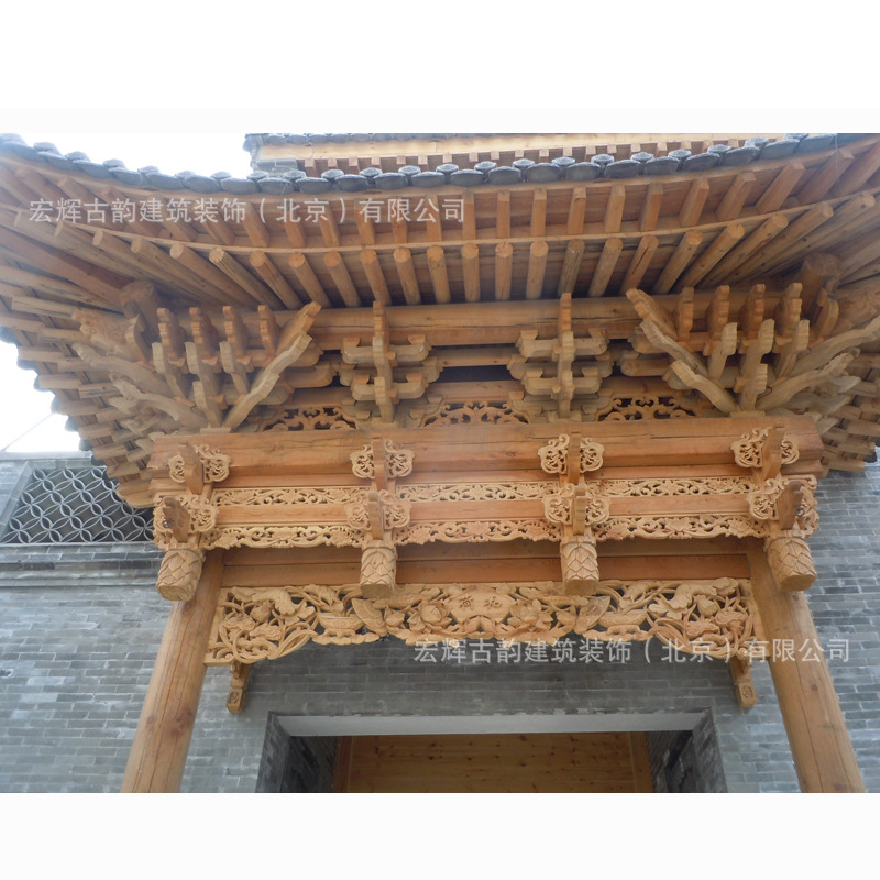 仿古斗拱门楼供应木制山西斗拱门楼 厂家承接定制古建门头装饰