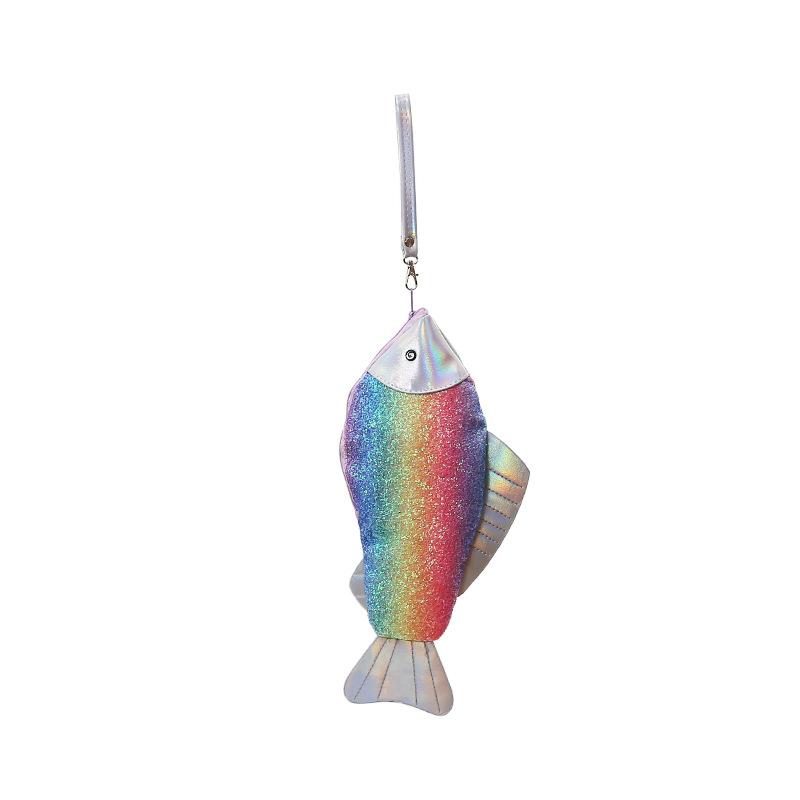 2019时尚便携手拿包女 ins彩虹渐变亮片鱼手提带 pu炫彩可爱女包