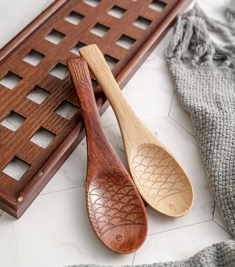 创意榉木鱼形勺子 复古实木勺木质小汤勺 高档酒店专用调羹 饭勺