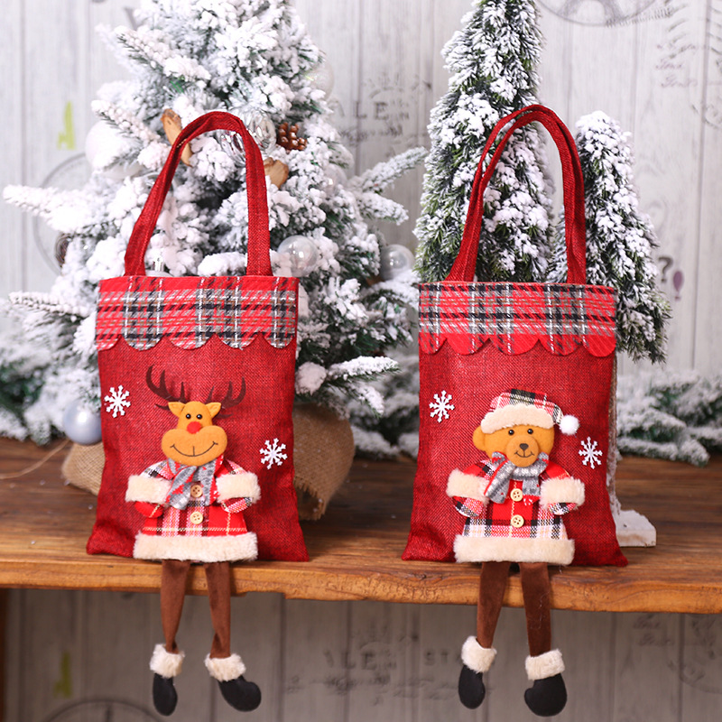 New Christmas Decoration Supplies Christmas Linen Gift Bag Candy Bag Santa Doll Checked Cloth Handbag