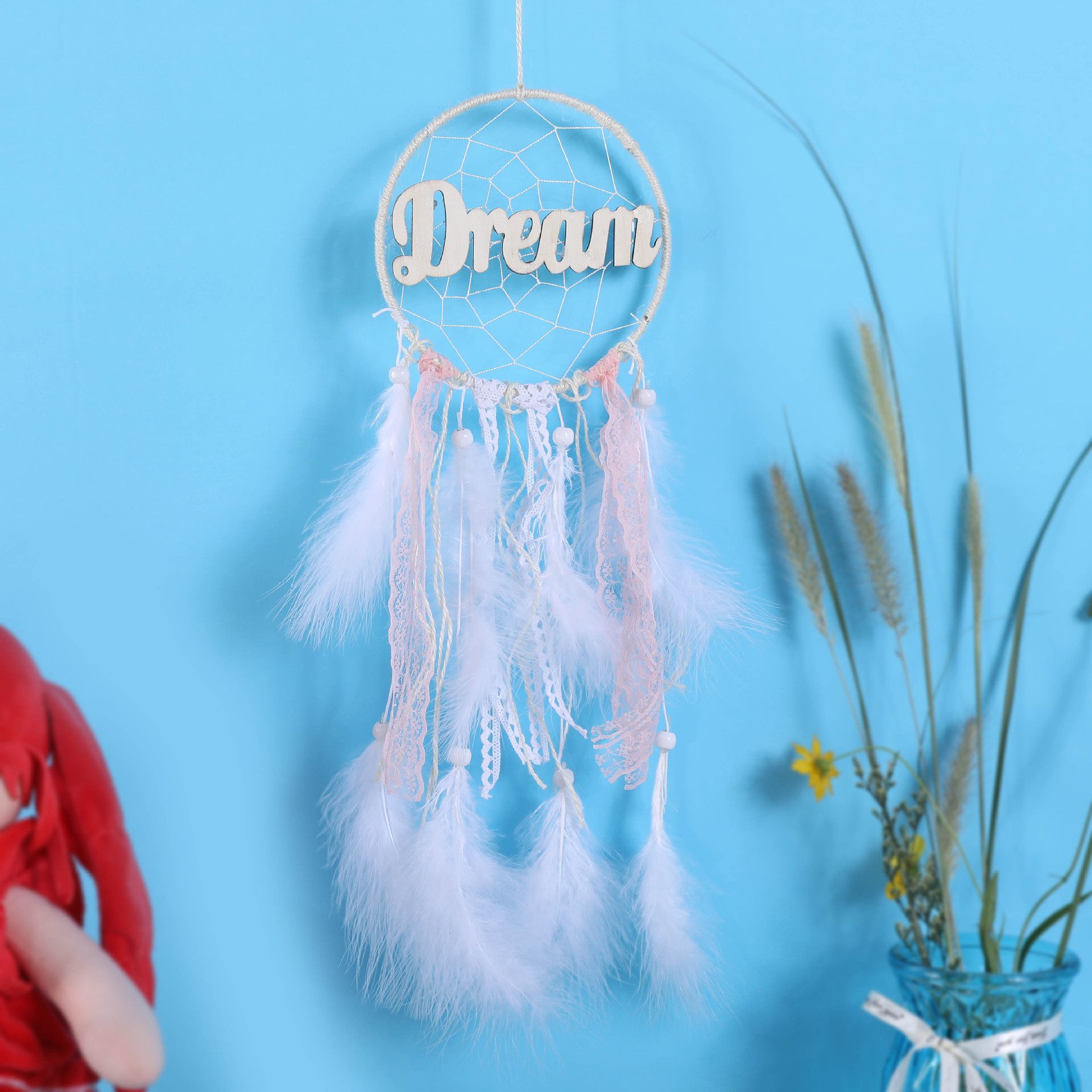 捕梦网挂件创意手工羽毛风铃挂饰家居门饰挂饰带荧光二环白色风铃