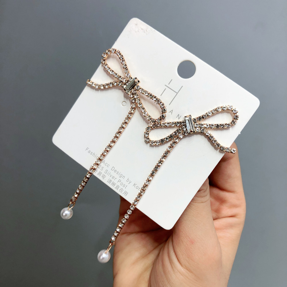 d022镶钻不规则蝴蝶结长耳环吊珍珠淑女韩版耳饰品s925纯银针耳饰