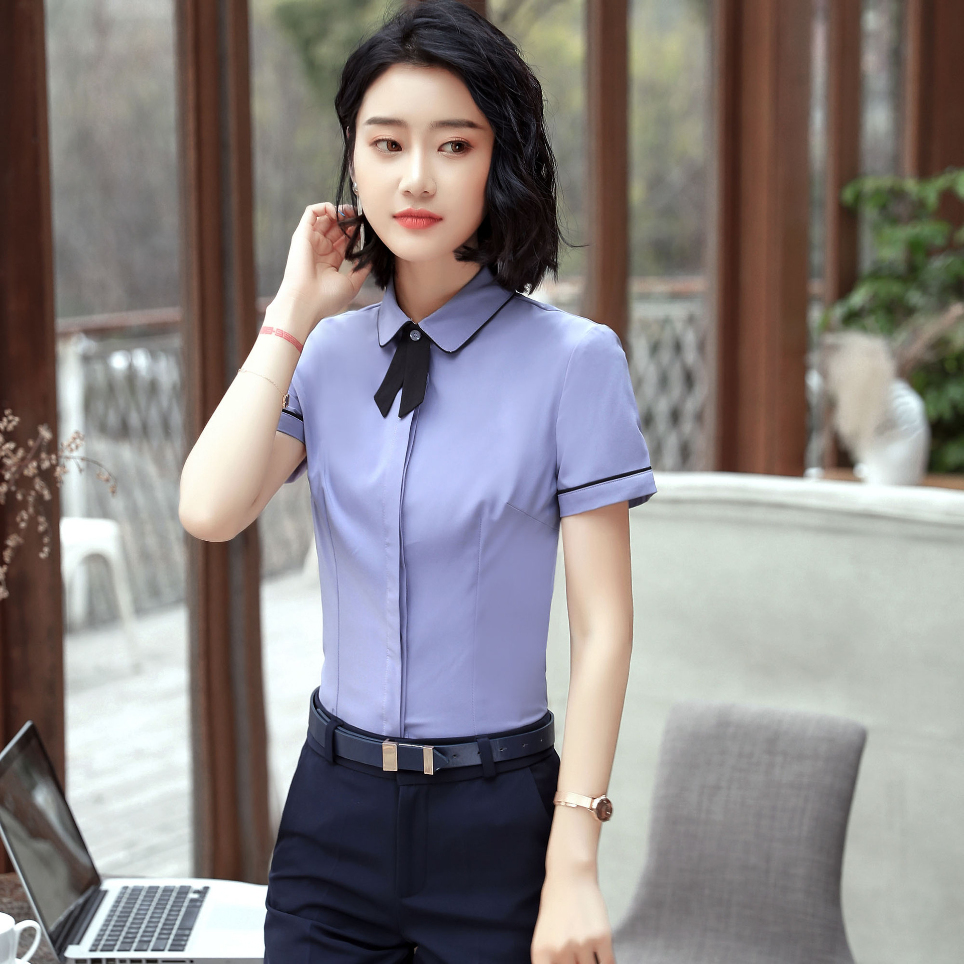 夏天职业套装公务员面试正装工作服女时尚幼儿园教师服装女两件套-阿