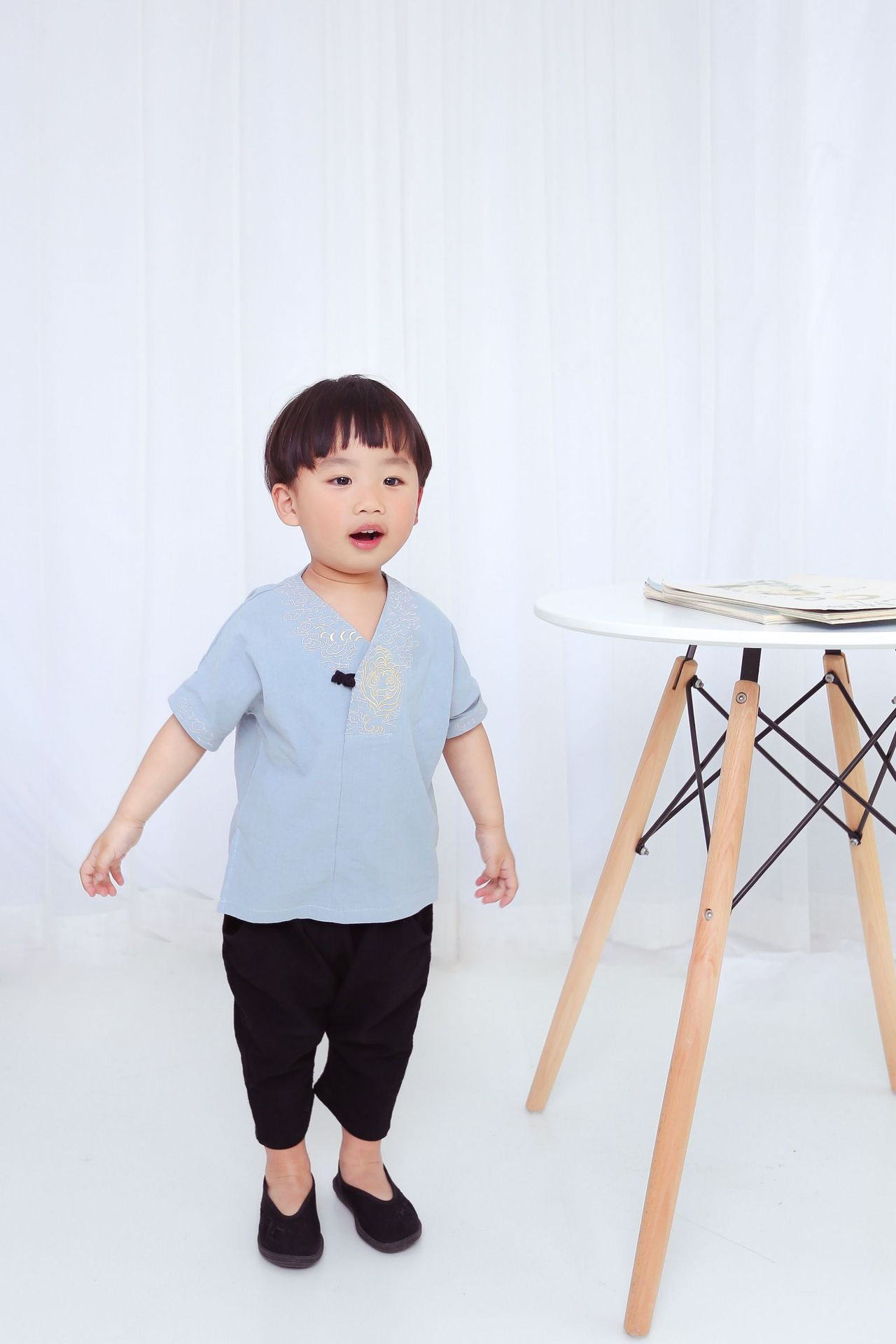 2019夏季新款儿童 唐装中国风民族 小男孩领口绣花时尚套装