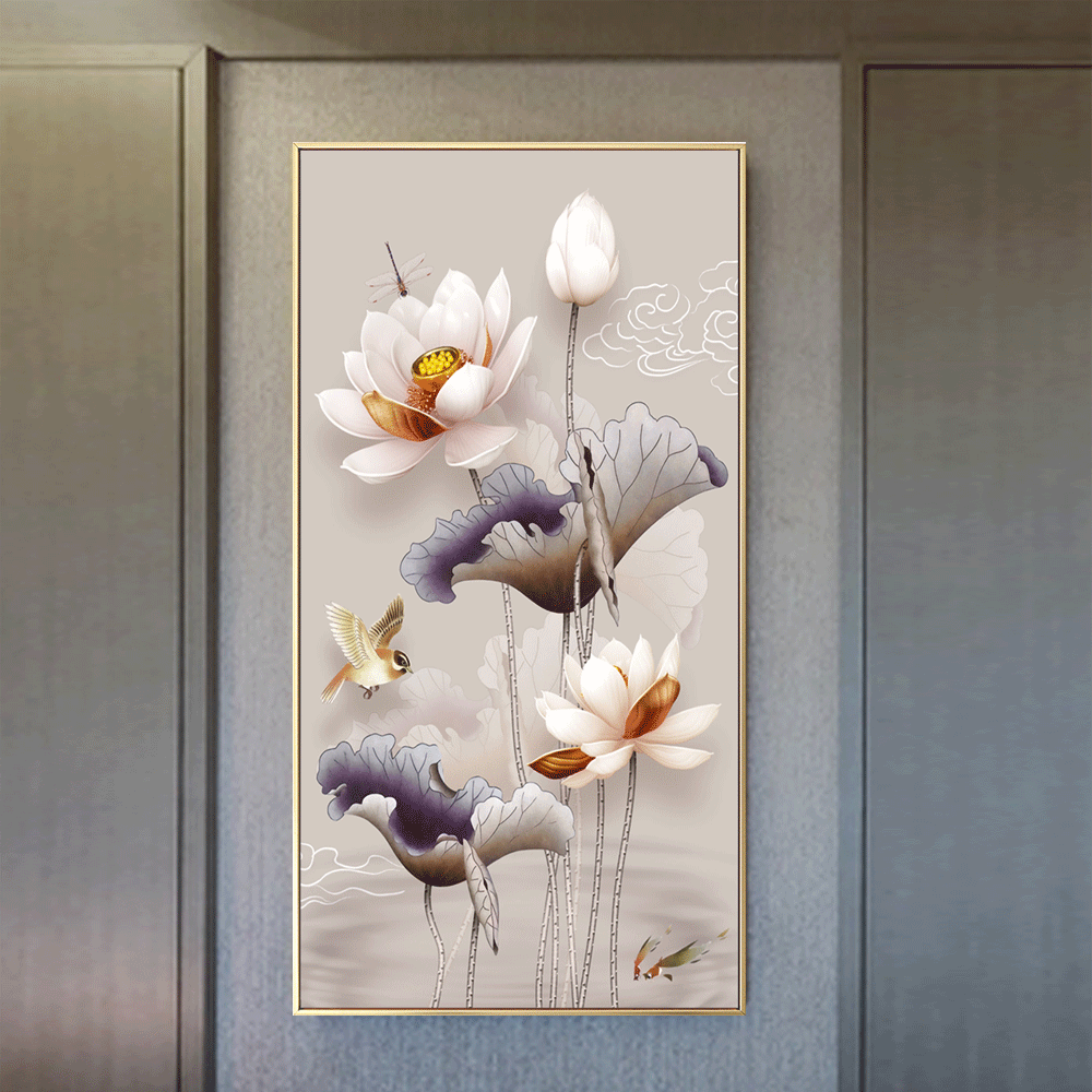 中式新中式荷花玄关走廊过道装饰画客厅背景酒店墙面装饰墙挂画