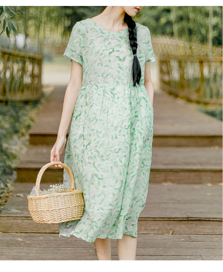 女装夏季新款纯苎麻数码印花连衣裙 文艺树叶苎麻连衣裙夏2019
