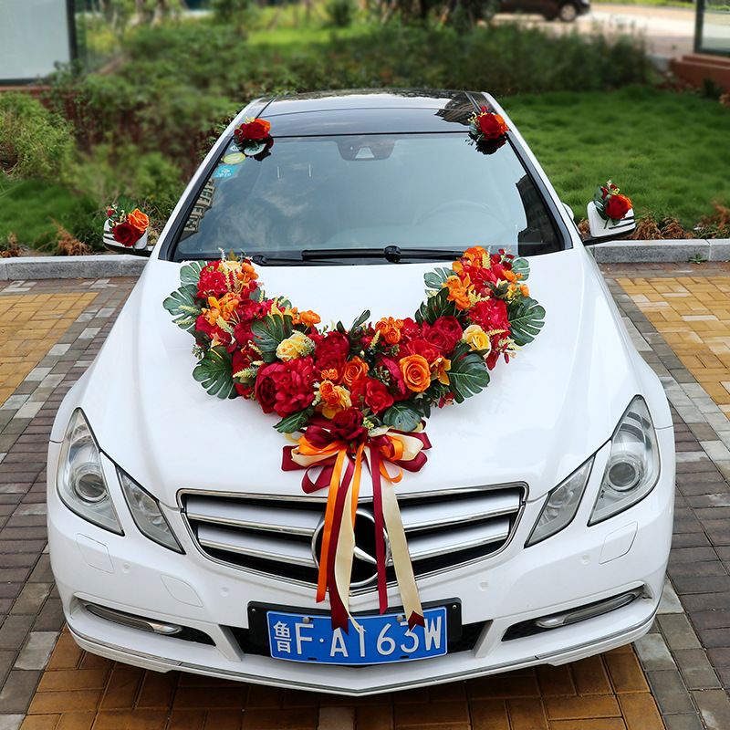 中式u形婚车装饰套装喜庆红色仿真花婚车车头花结婚婚礼迎亲花车