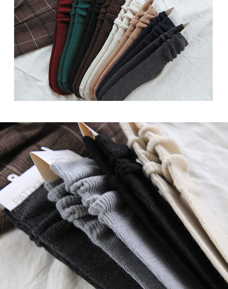pattkin 靴下翻边秋冬复古保暖羊毛袜时尚纯色堆堆袜女双针中筒袜