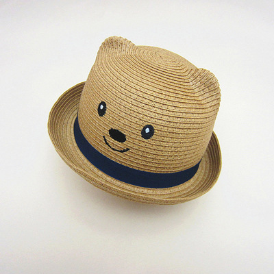 儿童草帽夏季可爱熊耳朵婴儿草帽男童遮阳帽宝宝礼帽太阳帽沙滩帽