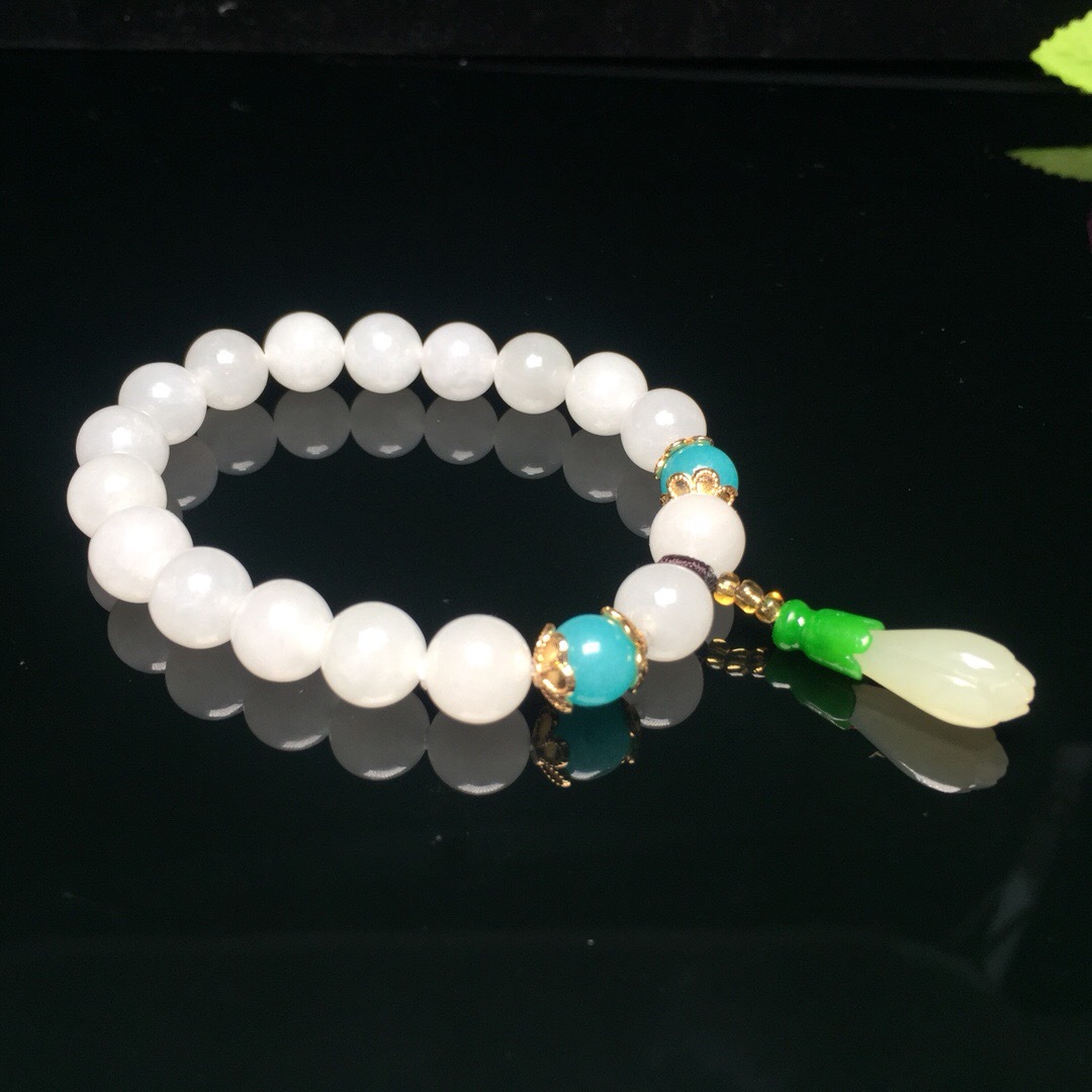 天然和田玉手串手珠 10mm 配和田白玉兰花坠子手串手链 带证书