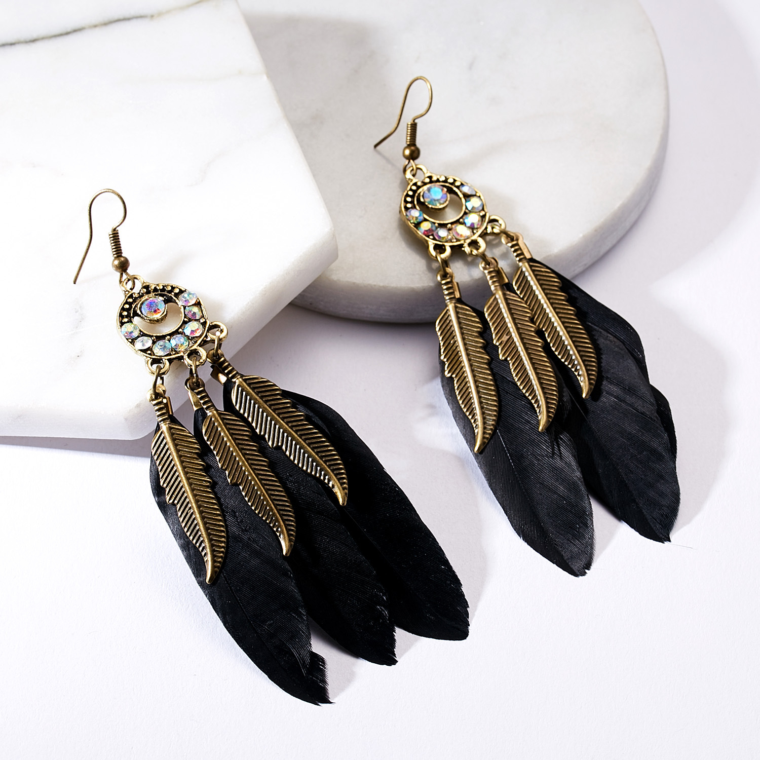 新款时尚波西米亚民族风水滴形长款羽毛耳钩主推手工羽毛耳环