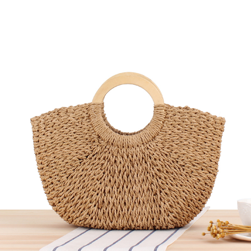 Wooden Handle Carrying Straw Bag Paper String Handmade Woven Beach Bag Mori Style Solid Color Large Capacity Women's Bag