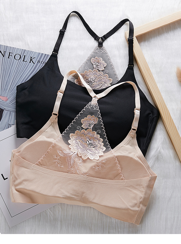 无痕冰丝透气一片式文胸内衣女电脑绣花美背裹胸抹胸打底吊带背心